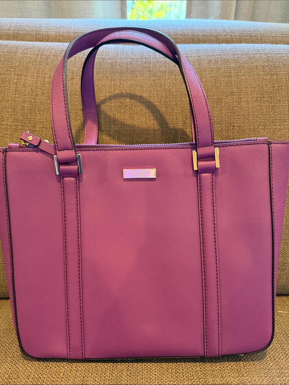 kate spade purple leather tote with gold hardware